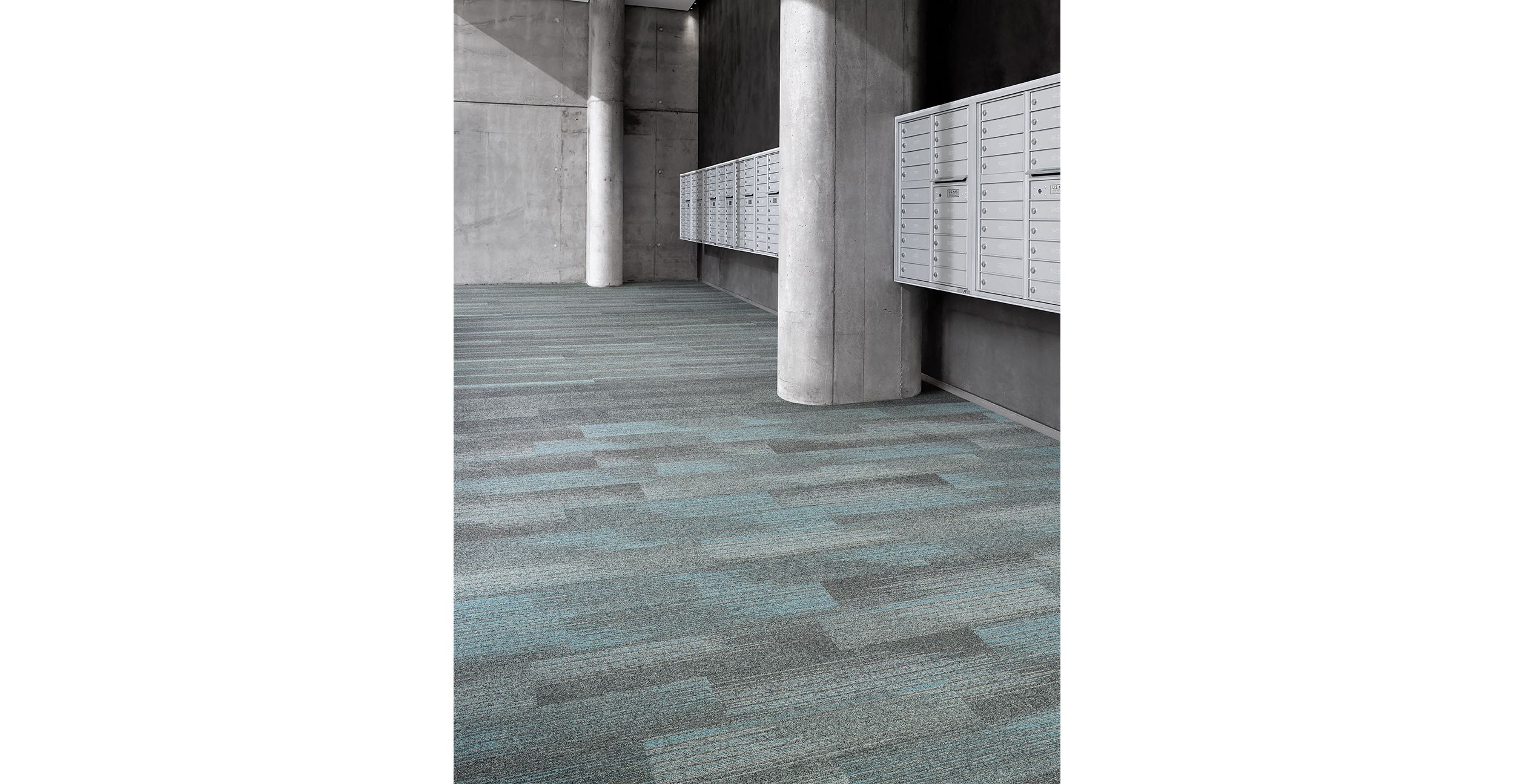 Interface Harmonize, Ground Waves and Ground Waves Verse plank carpet tile in lobby area with mailboxes imagen número 5